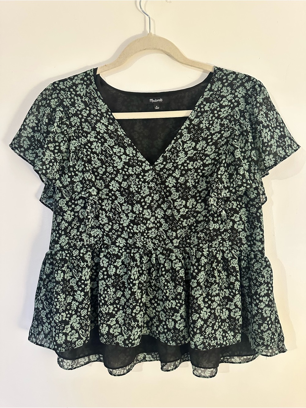 Madewell Floral V-Neck Peplum Top - Mint Floral
